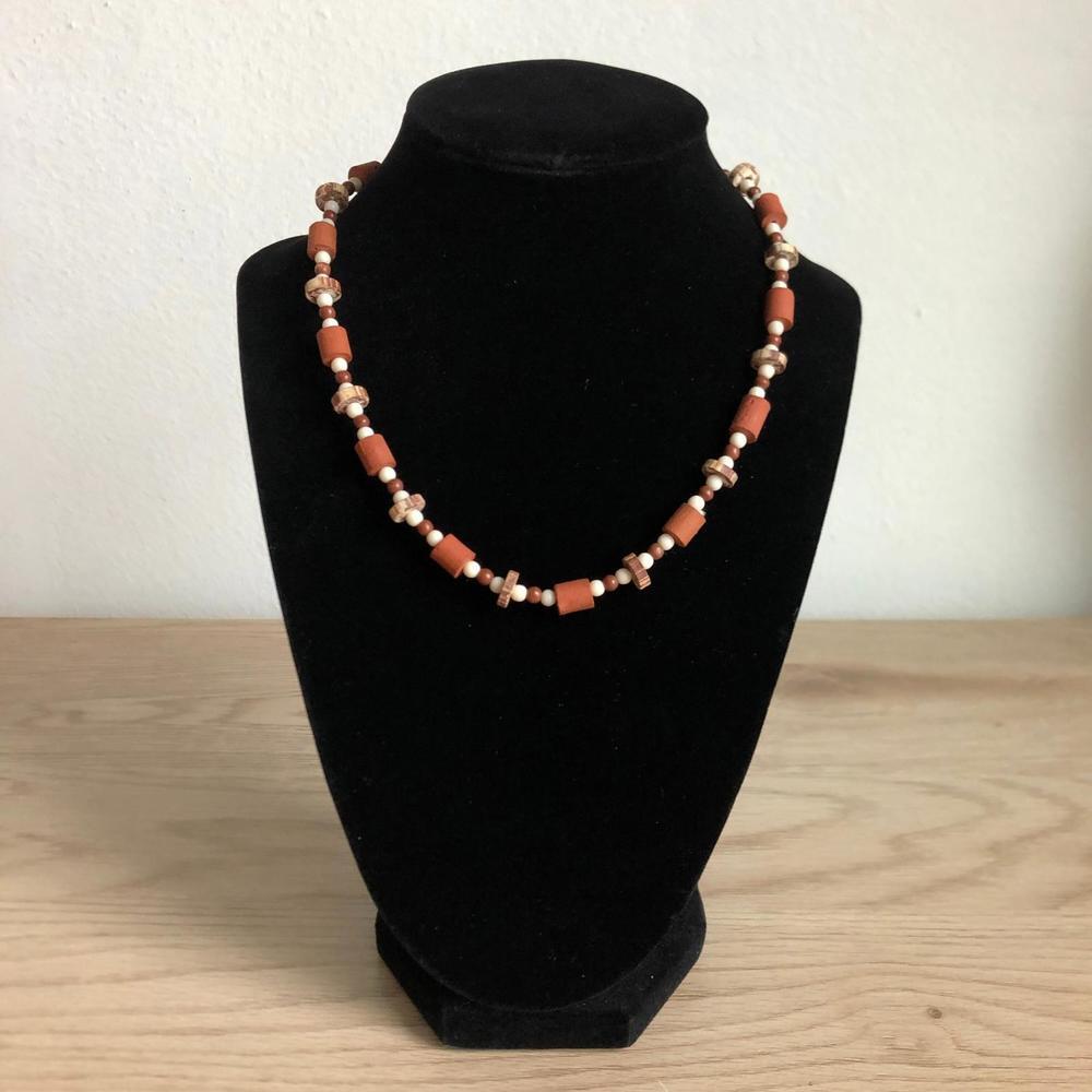 Vintage Red and White Terracotta Beaded Necklace 1970s